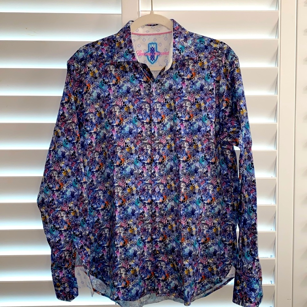 Luchiano Visconti scull and flowers mens button down shirt size medium
